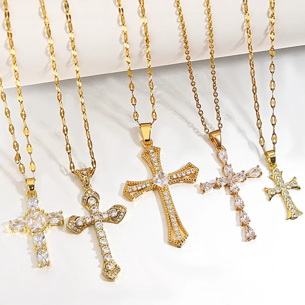 Religious Cross Necklace for Women Men Stainless Steel Chain Necklaces Christian Pendant Collar Pray Baptism Christmas Gift